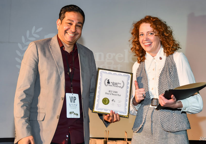 Ghost of Recent Past Director Edgar Garcia Chavez receiving Best Story at LA Short Film Festival